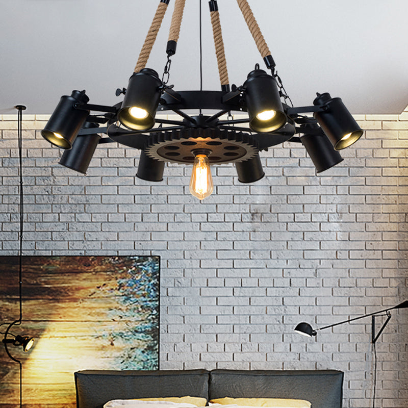 Cylinder Living Room Chandelier Light Rustic Iron 9 Heads Black Rope Ceiling Lighting Fixture with Gear Deco Clearhalo 'Ceiling Lights' 'Chandeliers' 'Industrial Chandeliers' 'Industrial' 'Middle Century Chandeliers' 'Tiffany' Lighting' 1950609