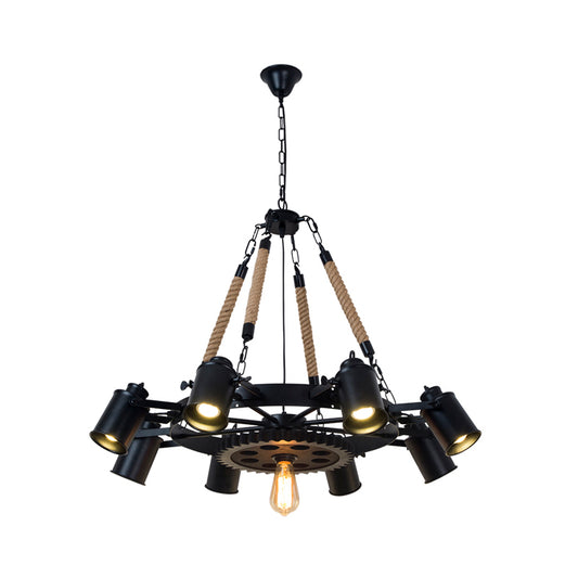 Cylinder Living Room Chandelier Light Rustic Iron 9 Heads Black Rope Ceiling Lighting Fixture with Gear Deco Clearhalo 'Ceiling Lights' 'Chandeliers' 'Industrial Chandeliers' 'Industrial' 'Middle Century Chandeliers' 'Tiffany' Lighting' 1950610