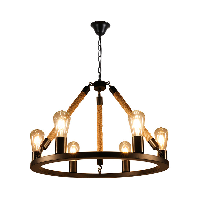 Open Bulb Metal Chandelier Light Fixture Industrial 6/8-Light Dining Room Rope Pendant Lamp in Black with Ring Design Clearhalo 'Ceiling Lights' 'Chandeliers' 'Industrial Chandeliers' 'Industrial' 'Middle Century Chandeliers' 'Tiffany' Lighting' 1950615