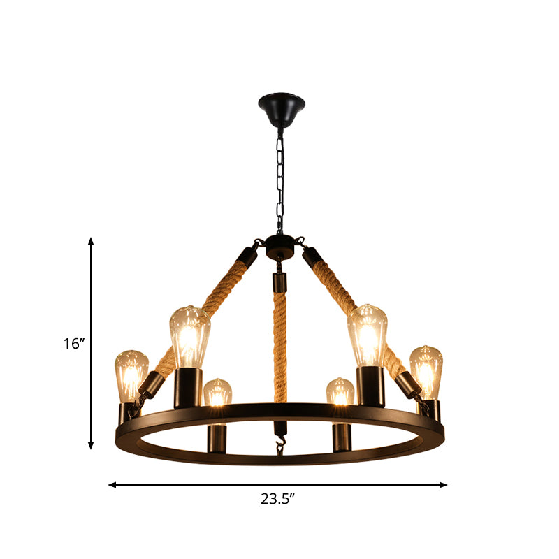 Open Bulb Metal Chandelier Light Fixture Industrial 6/8-Light Dining Room Rope Pendant Lamp in Black with Ring Design Clearhalo 'Ceiling Lights' 'Chandeliers' 'Industrial Chandeliers' 'Industrial' 'Middle Century Chandeliers' 'Tiffany' Lighting' 1950616