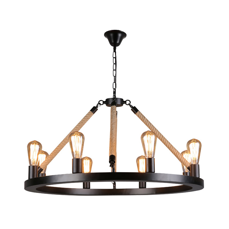 Open Bulb Metal Chandelier Light Fixture Industrial 6/8-Light Dining Room Rope Pendant Lamp in Black with Ring Design Clearhalo 'Ceiling Lights' 'Chandeliers' 'Industrial Chandeliers' 'Industrial' 'Middle Century Chandeliers' 'Tiffany' Lighting' 1950619
