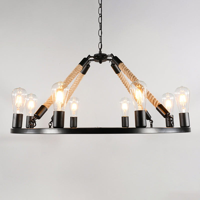 Open Bulb Metal Chandelier Light Fixture Industrial 6/8-Light Dining Room Rope Pendant Lamp in Black with Ring Design Clearhalo 'Ceiling Lights' 'Chandeliers' 'Industrial Chandeliers' 'Industrial' 'Middle Century Chandeliers' 'Tiffany' Lighting' 1950620