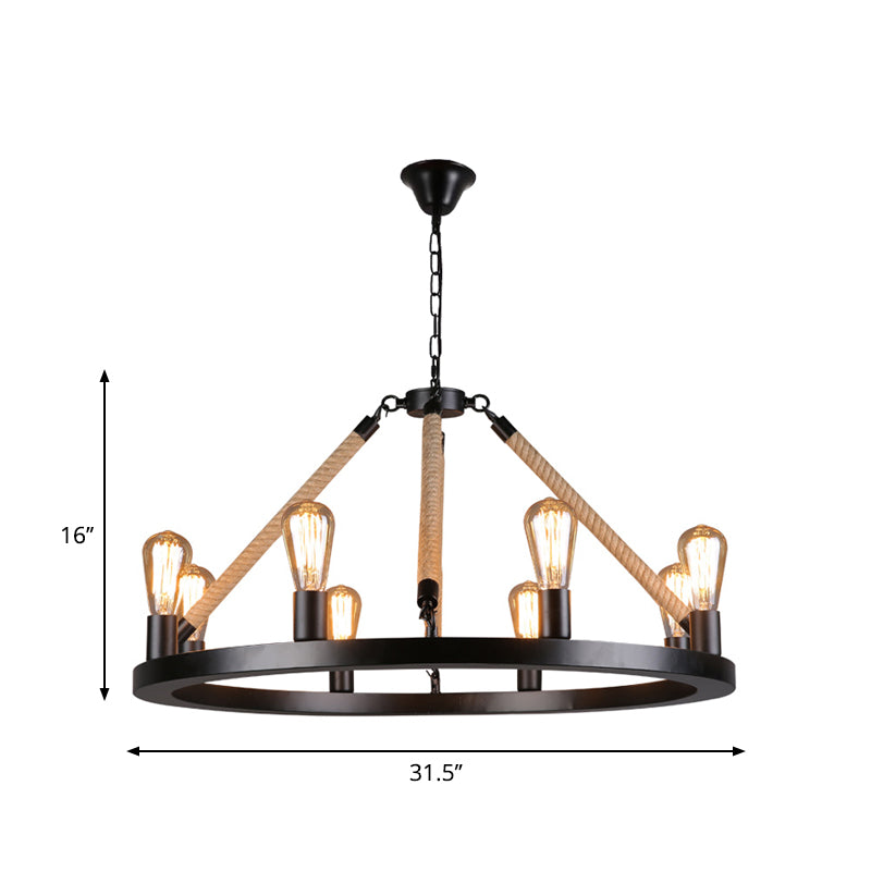 Open Bulb Metal Chandelier Light Fixture Industrial 6/8-Light Dining Room Rope Pendant Lamp in Black with Ring Design Clearhalo 'Ceiling Lights' 'Chandeliers' 'Industrial Chandeliers' 'Industrial' 'Middle Century Chandeliers' 'Tiffany' Lighting' 1950621