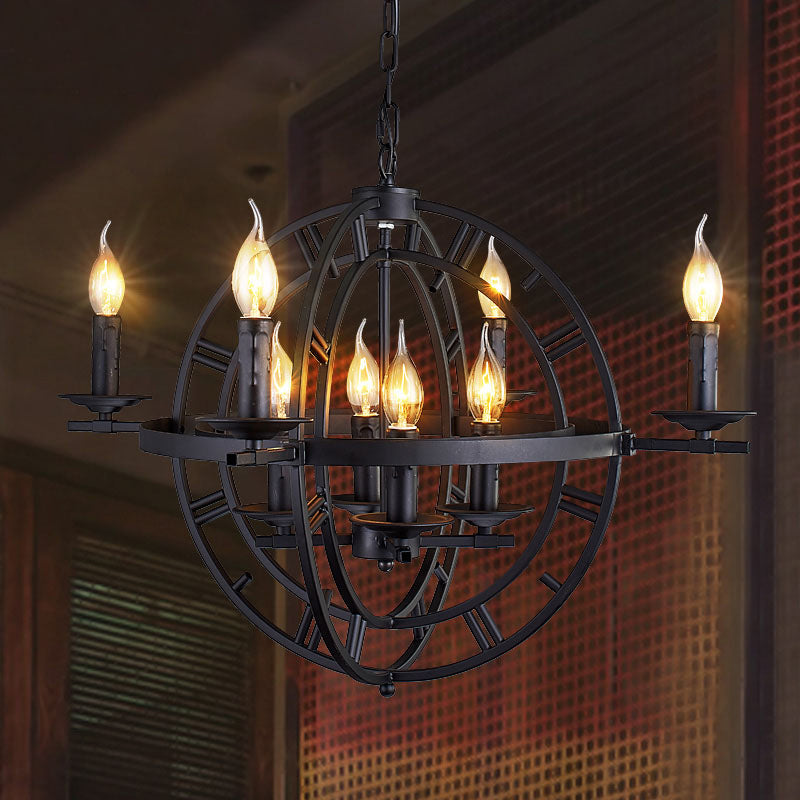 Industrial Globe Cage Chandelier Lighting Fixture 6-Bulb Iron Ceiling Light in Bronze/Black with Candle Design Clearhalo 'Cast Iron' 'Ceiling Lights' 'Chandeliers' 'Industrial Chandeliers' 'Industrial' 'Metal' 'Middle Century Chandeliers' 'Rustic Chandeliers' 'Tiffany' Lighting' 1950627