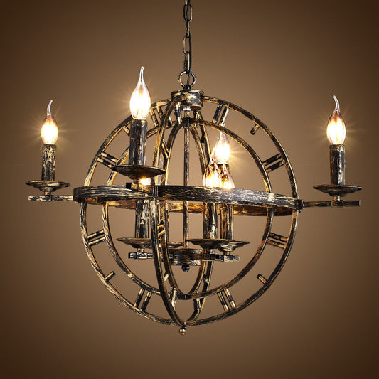Industrial Globe Cage Chandelier Lighting Fixture 6-Bulb Iron Ceiling Light in Bronze/Black with Candle Design Bronze Clearhalo 'Cast Iron' 'Ceiling Lights' 'Chandeliers' 'Industrial Chandeliers' 'Industrial' 'Metal' 'Middle Century Chandeliers' 'Rustic Chandeliers' 'Tiffany' Lighting' 1950628
