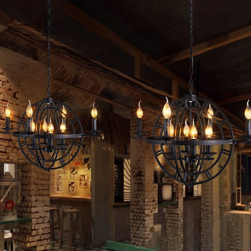 Industrial Globe Cage Chandelier Lighting Fixture 6-Bulb Iron Ceiling Light in Bronze/Black with Candle Design Clearhalo 'Cast Iron' 'Ceiling Lights' 'Chandeliers' 'Industrial Chandeliers' 'Industrial' 'Metal' 'Middle Century Chandeliers' 'Rustic Chandeliers' 'Tiffany' Lighting' 1950629