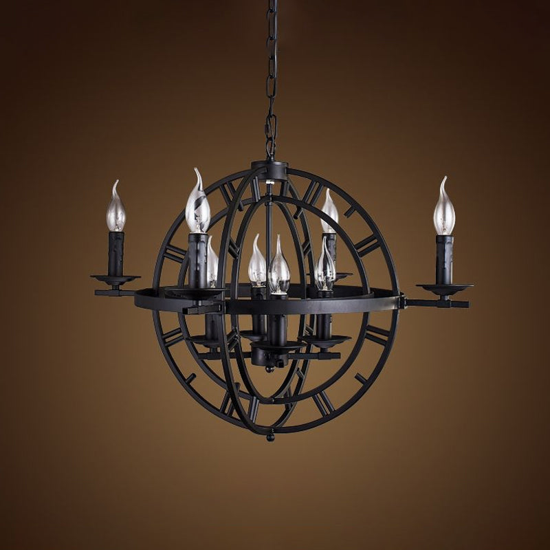 Industrial Globe Cage Chandelier Lighting Fixture 6-Bulb Iron Ceiling Light in Bronze/Black with Candle Design Clearhalo 'Cast Iron' 'Ceiling Lights' 'Chandeliers' 'Industrial Chandeliers' 'Industrial' 'Metal' 'Middle Century Chandeliers' 'Rustic Chandeliers' 'Tiffany' Lighting' 1950632