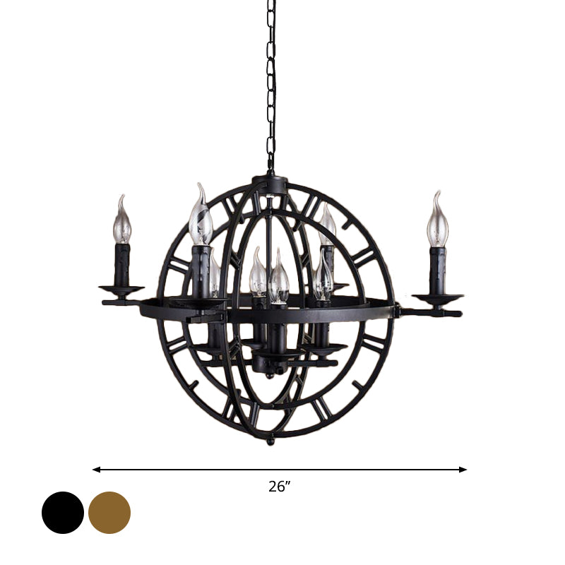 Industrial Globe Cage Chandelier Lighting Fixture 6-Bulb Iron Ceiling Light in Bronze/Black with Candle Design Clearhalo 'Cast Iron' 'Ceiling Lights' 'Chandeliers' 'Industrial Chandeliers' 'Industrial' 'Metal' 'Middle Century Chandeliers' 'Rustic Chandeliers' 'Tiffany' Lighting' 1950633