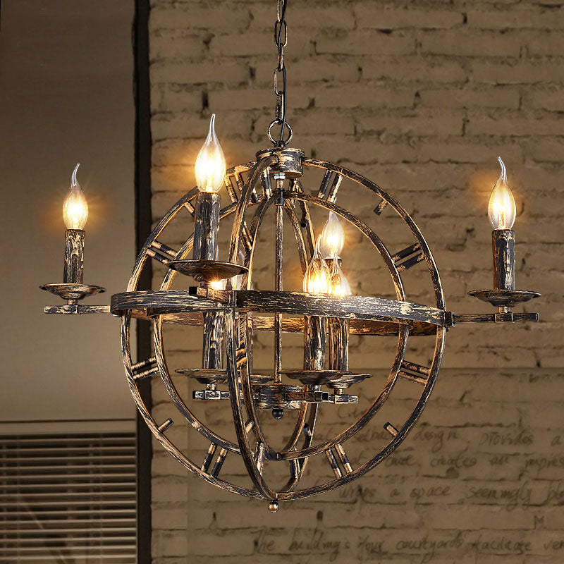 Industrial Globe Cage Chandelier Lighting Fixture 6-Bulb Iron Ceiling Light in Bronze/Black with Candle Design Clearhalo 'Cast Iron' 'Ceiling Lights' 'Chandeliers' 'Industrial Chandeliers' 'Industrial' 'Metal' 'Middle Century Chandeliers' 'Rustic Chandeliers' 'Tiffany' Lighting' 1950635