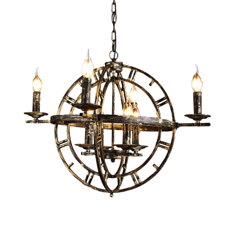 Industrial Globe Cage Chandelier Lighting Fixture 6-Bulb Iron Ceiling Light in Bronze/Black with Candle Design Clearhalo 'Cast Iron' 'Ceiling Lights' 'Chandeliers' 'Industrial Chandeliers' 'Industrial' 'Metal' 'Middle Century Chandeliers' 'Rustic Chandeliers' 'Tiffany' Lighting' 1950636