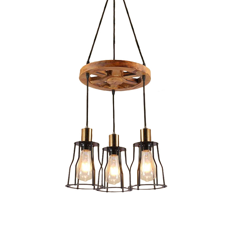 3/6-Light Metal Hanging Chandelier Factory Gold Open Cage Dining Room Pendant Light Fixture with Wood Wheel Shelf Deco Clearhalo 'Cast Iron' 'Ceiling Lights' 'Chandeliers' 'Industrial Chandeliers' 'Industrial' 'Metal' 'Middle Century Chandeliers' 'Rustic Chandeliers' 'Tiffany' Lighting' 1950646