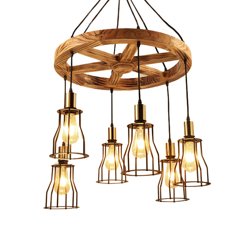 3/6-Light Metal Hanging Chandelier Factory Gold Open Cage Dining Room Pendant Light Fixture with Wood Wheel Shelf Deco Clearhalo 'Cast Iron' 'Ceiling Lights' 'Chandeliers' 'Industrial Chandeliers' 'Industrial' 'Metal' 'Middle Century Chandeliers' 'Rustic Chandeliers' 'Tiffany' Lighting' 1950650
