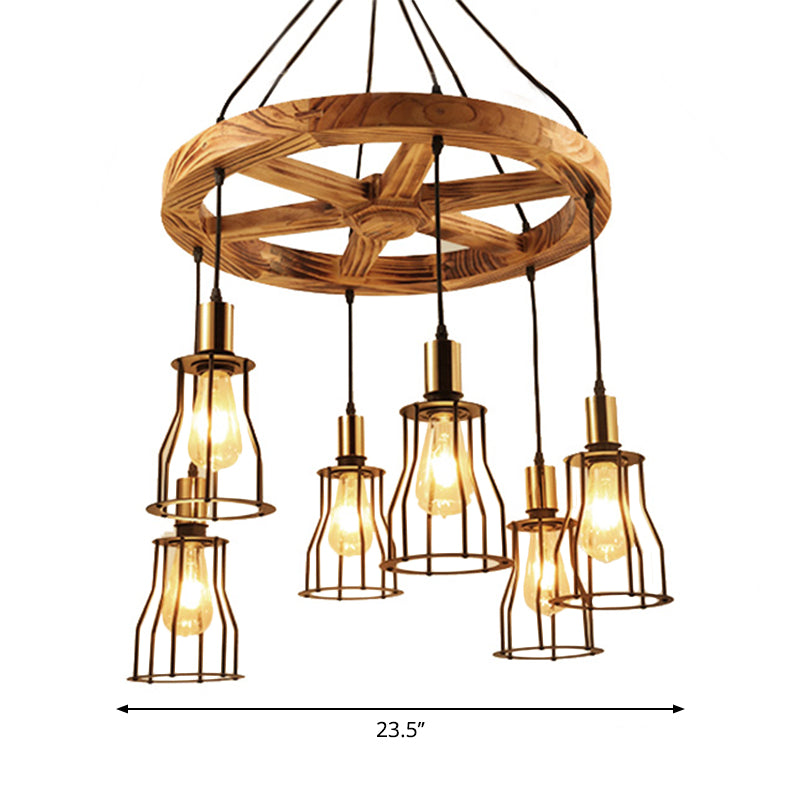 3/6-Light Metal Hanging Chandelier Factory Gold Open Cage Dining Room Pendant Light Fixture with Wood Wheel Shelf Deco Clearhalo 'Cast Iron' 'Ceiling Lights' 'Chandeliers' 'Industrial Chandeliers' 'Industrial' 'Metal' 'Middle Century Chandeliers' 'Rustic Chandeliers' 'Tiffany' Lighting' 1950651