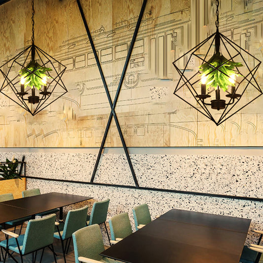 Rhombus Cage Metal Chandelier Rustic 3 Lights Restaurant Hanging Pendant Light in Black with Green Leaf Deco Black Clearhalo 'Cast Iron' 'Ceiling Lights' 'Chandeliers' 'Industrial Chandeliers' 'Industrial' 'Metal' 'Middle Century Chandeliers' 'Rustic Chandeliers' 'Tiffany' Lighting' 1950657