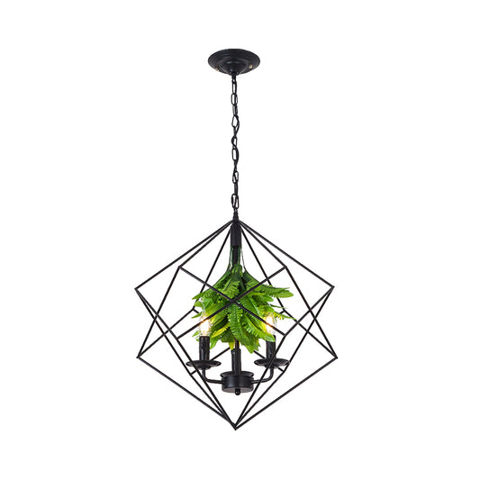 Rhombus Cage Metal Chandelier Rustic 3 Lights Restaurant Hanging Pendant Light in Black with Green Leaf Deco Clearhalo 'Cast Iron' 'Ceiling Lights' 'Chandeliers' 'Industrial Chandeliers' 'Industrial' 'Metal' 'Middle Century Chandeliers' 'Rustic Chandeliers' 'Tiffany' Lighting' 1950658