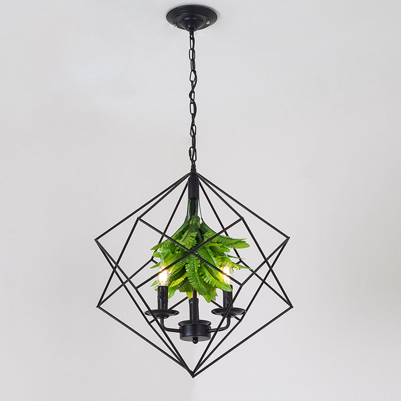 Rhombus Cage Metal Chandelier Rustic 3 Lights Restaurant Hanging Pendant Light in Black with Green Leaf Deco Clearhalo 'Cast Iron' 'Ceiling Lights' 'Chandeliers' 'Industrial Chandeliers' 'Industrial' 'Metal' 'Middle Century Chandeliers' 'Rustic Chandeliers' 'Tiffany' Lighting' 1950659
