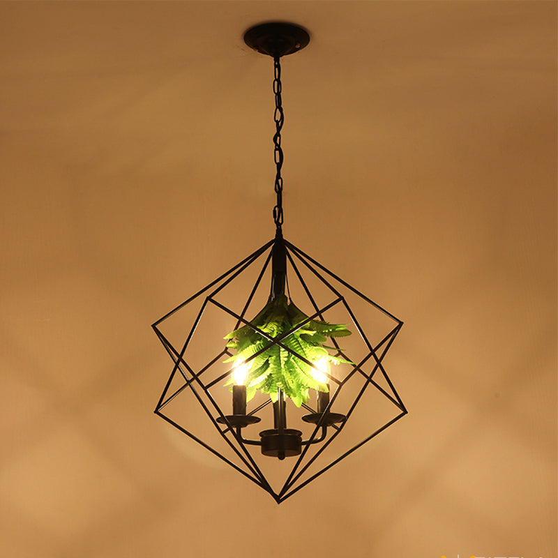 Rhombus Cage Metal Chandelier Rustic 3 Lights Restaurant Hanging Pendant Light in Black with Green Leaf Deco Clearhalo 'Cast Iron' 'Ceiling Lights' 'Chandeliers' 'Industrial Chandeliers' 'Industrial' 'Metal' 'Middle Century Chandeliers' 'Rustic Chandeliers' 'Tiffany' Lighting' 1950660