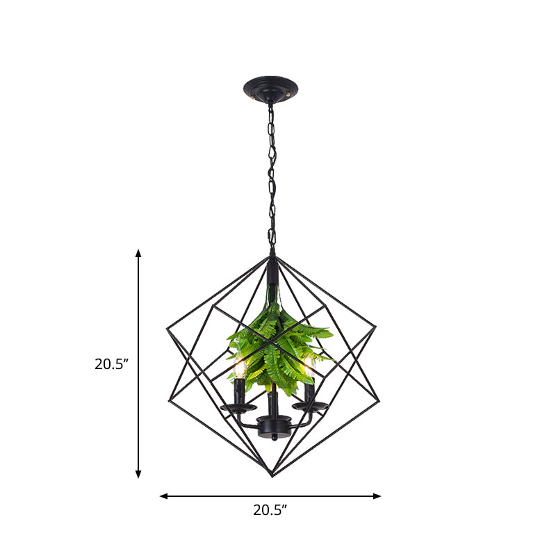 Rhombus Cage Metal Chandelier Rustic 3 Lights Restaurant Hanging Pendant Light in Black with Green Leaf Deco Clearhalo 'Cast Iron' 'Ceiling Lights' 'Chandeliers' 'Industrial Chandeliers' 'Industrial' 'Metal' 'Middle Century Chandeliers' 'Rustic Chandeliers' 'Tiffany' Lighting' 1950661
