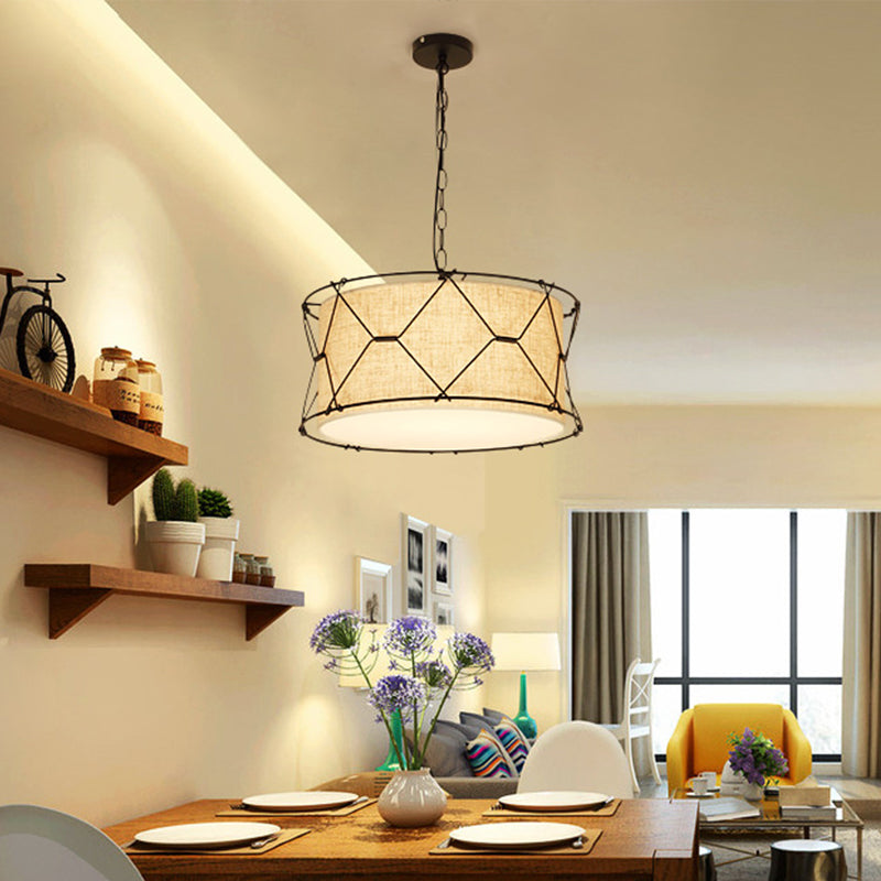 Metal Crossed Drum Cage Pendant Farmhouse 10"/16.5" W 1 Light Dining Room Hanging Light Fixture in Beige with Fabric Shade Clearhalo 'Art Deco Pendants' 'Cast Iron' 'Ceiling Lights' 'Ceramic' 'Crystal' 'Industrial Pendants' 'Industrial' 'Metal' 'Middle Century Pendants' 'Pendant Lights' 'Pendants' 'Tiffany' Lighting' 1950663