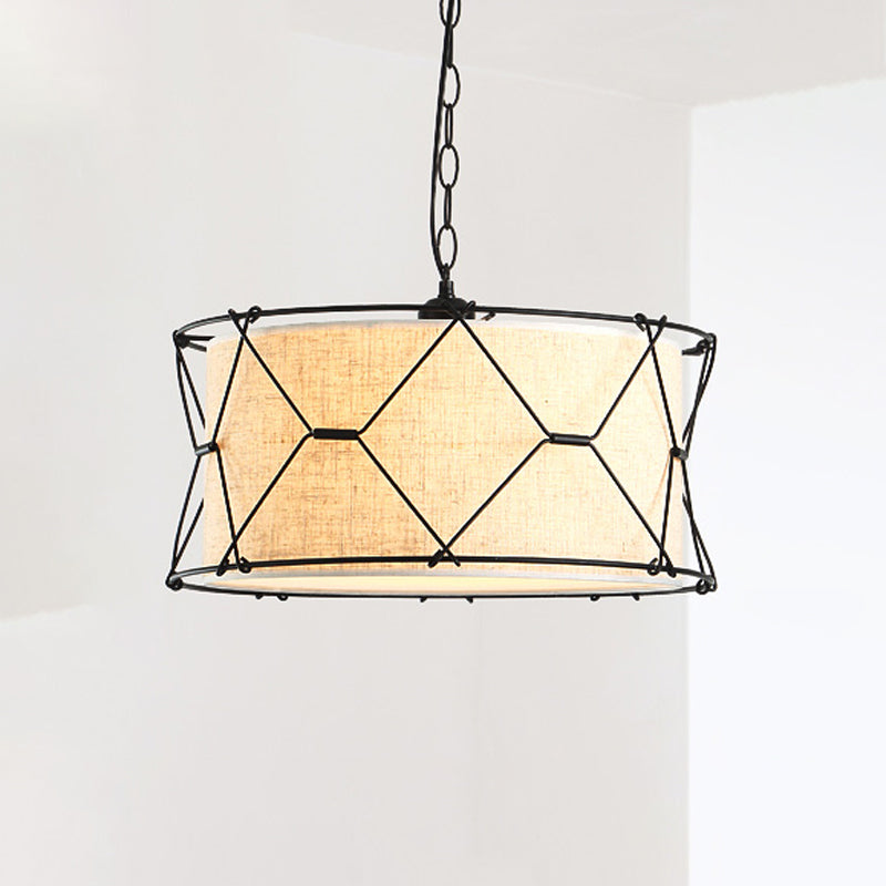 Metal Crossed Drum Cage Pendant Farmhouse 10"/16.5" W 1 Light Dining Room Hanging Light Fixture in Beige with Fabric Shade Clearhalo 'Art Deco Pendants' 'Cast Iron' 'Ceiling Lights' 'Ceramic' 'Crystal' 'Industrial Pendants' 'Industrial' 'Metal' 'Middle Century Pendants' 'Pendant Lights' 'Pendants' 'Tiffany' Lighting' 1950664