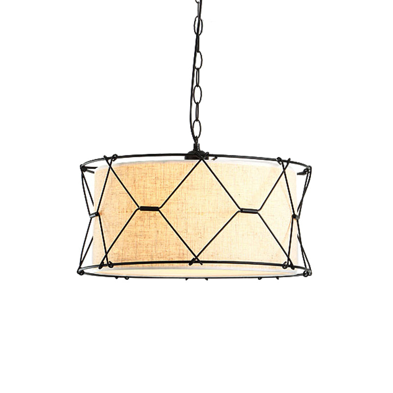 Metal Crossed Drum Cage Pendant Farmhouse 10"/16.5" W 1 Light Dining Room Hanging Light Fixture in Beige with Fabric Shade Clearhalo 'Art Deco Pendants' 'Cast Iron' 'Ceiling Lights' 'Ceramic' 'Crystal' 'Industrial Pendants' 'Industrial' 'Metal' 'Middle Century Pendants' 'Pendant Lights' 'Pendants' 'Tiffany' Lighting' 1950665