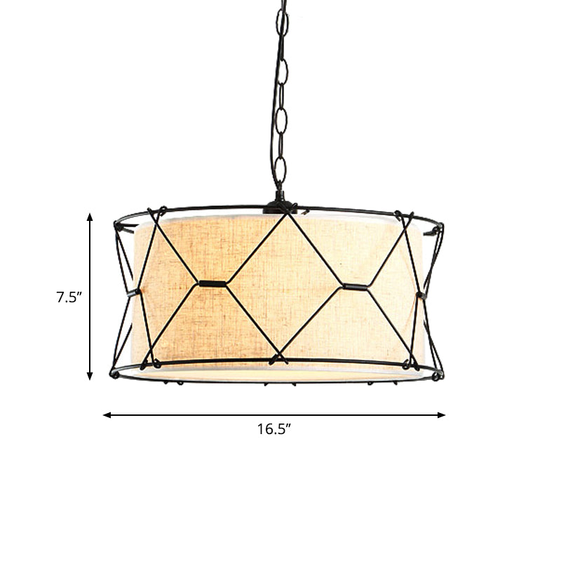 Metal Crossed Drum Cage Pendant Farmhouse 10"/16.5" W 1 Light Dining Room Hanging Light Fixture in Beige with Fabric Shade Clearhalo 'Art Deco Pendants' 'Cast Iron' 'Ceiling Lights' 'Ceramic' 'Crystal' 'Industrial Pendants' 'Industrial' 'Metal' 'Middle Century Pendants' 'Pendant Lights' 'Pendants' 'Tiffany' Lighting' 1950666