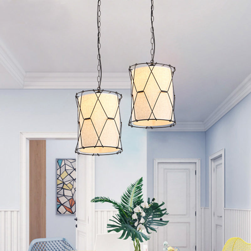Metal Crossed Drum Cage Pendant Farmhouse 10"/16.5" W 1 Light Dining Room Hanging Light Fixture in Beige with Fabric Shade Clearhalo 'Art Deco Pendants' 'Cast Iron' 'Ceiling Lights' 'Ceramic' 'Crystal' 'Industrial Pendants' 'Industrial' 'Metal' 'Middle Century Pendants' 'Pendant Lights' 'Pendants' 'Tiffany' Lighting' 1950668
