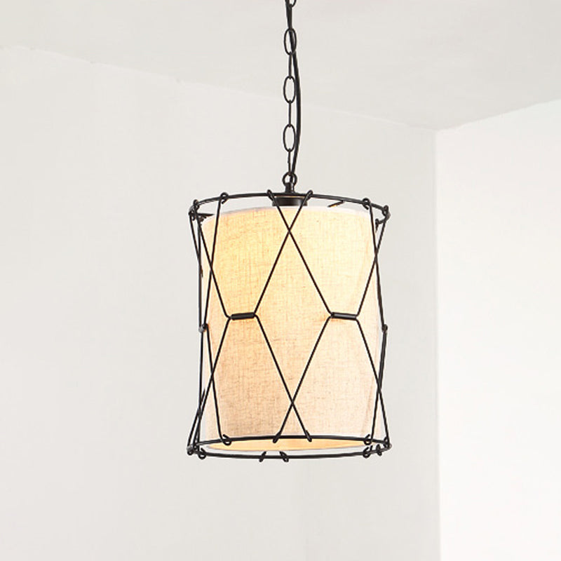 Metal Crossed Drum Cage Pendant Farmhouse 10"/16.5" W 1 Light Dining Room Hanging Light Fixture in Beige with Fabric Shade Clearhalo 'Art Deco Pendants' 'Cast Iron' 'Ceiling Lights' 'Ceramic' 'Crystal' 'Industrial Pendants' 'Industrial' 'Metal' 'Middle Century Pendants' 'Pendant Lights' 'Pendants' 'Tiffany' Lighting' 1950669