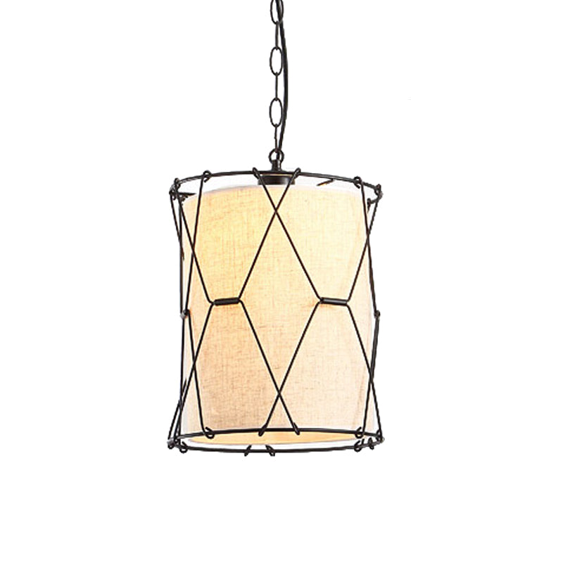 Metal Crossed Drum Cage Pendant Farmhouse 10"/16.5" W 1 Light Dining Room Hanging Light Fixture in Beige with Fabric Shade Clearhalo 'Art Deco Pendants' 'Cast Iron' 'Ceiling Lights' 'Ceramic' 'Crystal' 'Industrial Pendants' 'Industrial' 'Metal' 'Middle Century Pendants' 'Pendant Lights' 'Pendants' 'Tiffany' Lighting' 1950670