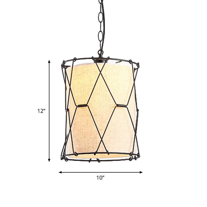 Metal Crossed Drum Cage Pendant Farmhouse 10"/16.5" W 1 Light Dining Room Hanging Light Fixture in Beige with Fabric Shade Clearhalo 'Art Deco Pendants' 'Cast Iron' 'Ceiling Lights' 'Ceramic' 'Crystal' 'Industrial Pendants' 'Industrial' 'Metal' 'Middle Century Pendants' 'Pendant Lights' 'Pendants' 'Tiffany' Lighting' 1950671