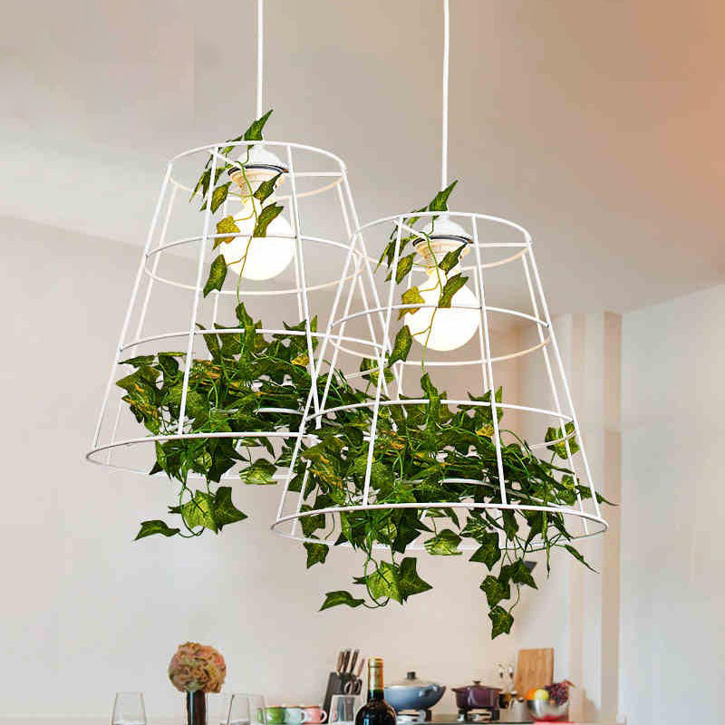 Loft Barrel Cage Suspension Pendant 1 Bulb Iron Hanging Ceiling Light in White with Green Leaf Deco Clearhalo 'Art Deco Pendants' 'Cast Iron' 'Ceiling Lights' 'Ceramic' 'Crystal' 'Industrial Pendants' 'Industrial' 'Metal' 'Middle Century Pendants' 'Pendant Lights' 'Pendants' 'Tiffany' Lighting' 1950673