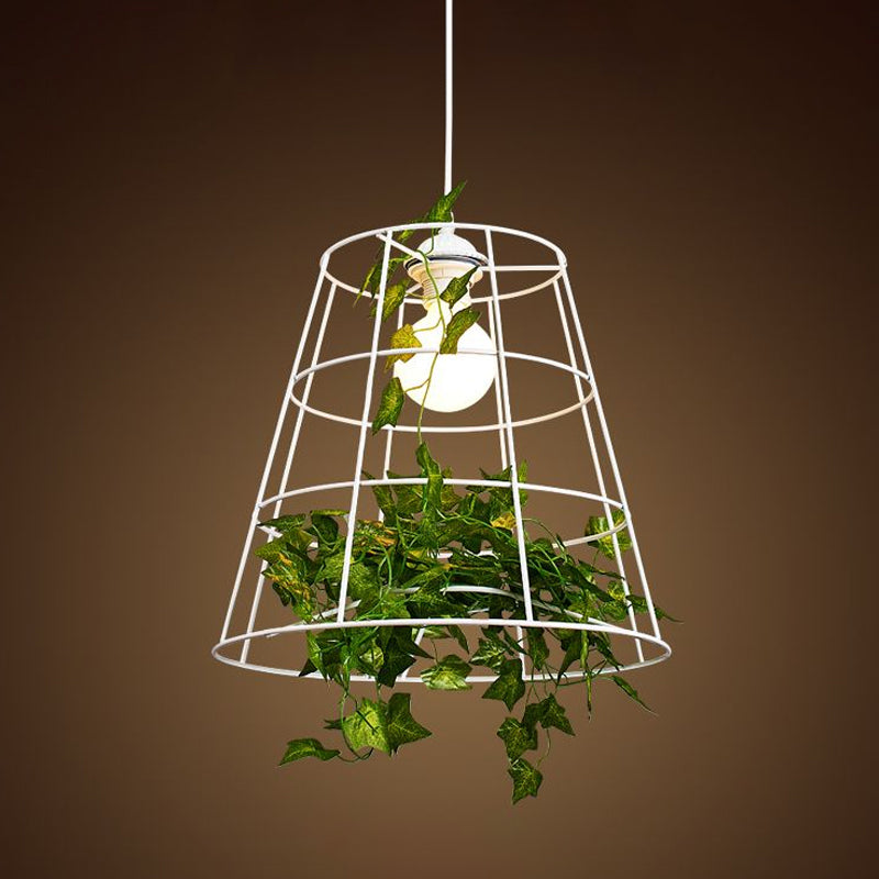 Loft Barrel Cage Suspension Pendant 1 Bulb Iron Hanging Ceiling Light in White with Green Leaf Deco Clearhalo 'Art Deco Pendants' 'Cast Iron' 'Ceiling Lights' 'Ceramic' 'Crystal' 'Industrial Pendants' 'Industrial' 'Metal' 'Middle Century Pendants' 'Pendant Lights' 'Pendants' 'Tiffany' Lighting' 1950675