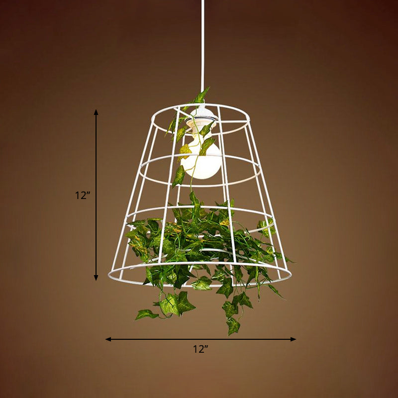 Loft Barrel Cage Suspension Pendant 1 Bulb Iron Hanging Ceiling Light in White with Green Leaf Deco Clearhalo 'Art Deco Pendants' 'Cast Iron' 'Ceiling Lights' 'Ceramic' 'Crystal' 'Industrial Pendants' 'Industrial' 'Metal' 'Middle Century Pendants' 'Pendant Lights' 'Pendants' 'Tiffany' Lighting' 1950676