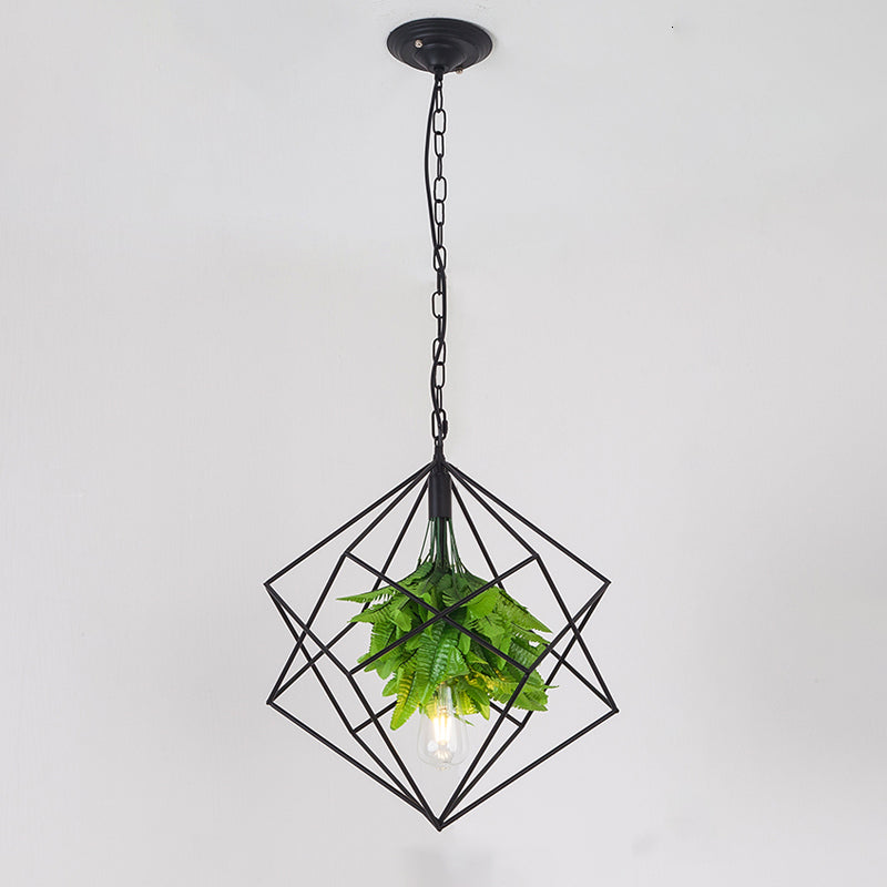 1-Bulb Diamond Cage Ceiling Pendant Light Farm Black Finish Metallic Hanging Lamp Kit with Green Plant Deco Clearhalo 'Art Deco Pendants' 'Black' 'Cast Iron' 'Ceiling Lights' 'Ceramic' 'Crystal' 'Industrial Pendants' 'Industrial' 'Metal' 'Middle Century Pendants' 'Pendant Lights' 'Pendants' 'Rustic Pendants' 'Tiffany' Lighting' 1950678