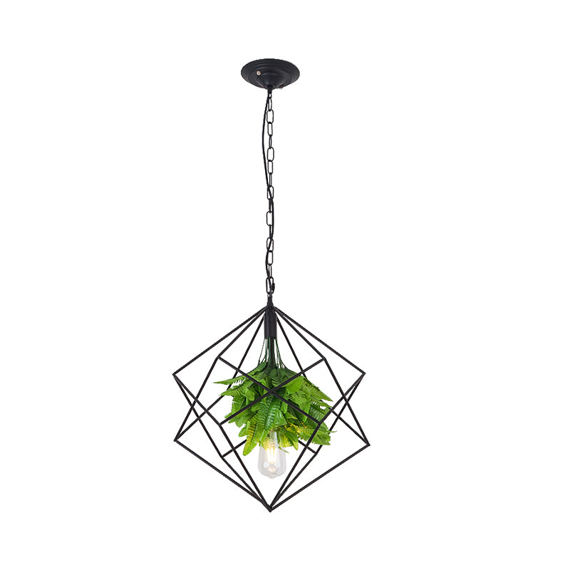 1-Bulb Diamond Cage Ceiling Pendant Light Farm Black Finish Metallic Hanging Lamp Kit with Green Plant Deco Clearhalo 'Art Deco Pendants' 'Black' 'Cast Iron' 'Ceiling Lights' 'Ceramic' 'Crystal' 'Industrial Pendants' 'Industrial' 'Metal' 'Middle Century Pendants' 'Pendant Lights' 'Pendants' 'Rustic Pendants' 'Tiffany' Lighting' 1950679