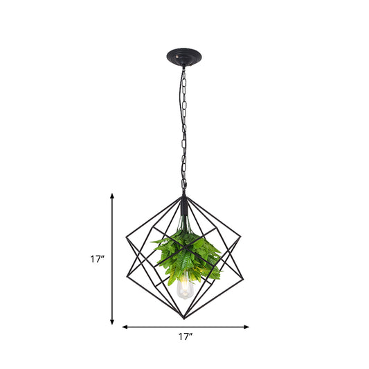 1-Bulb Diamond Cage Ceiling Pendant Light Farm Black Finish Metallic Hanging Lamp Kit with Green Plant Deco Clearhalo 'Art Deco Pendants' 'Black' 'Cast Iron' 'Ceiling Lights' 'Ceramic' 'Crystal' 'Industrial Pendants' 'Industrial' 'Metal' 'Middle Century Pendants' 'Pendant Lights' 'Pendants' 'Rustic Pendants' 'Tiffany' Lighting' 1950680