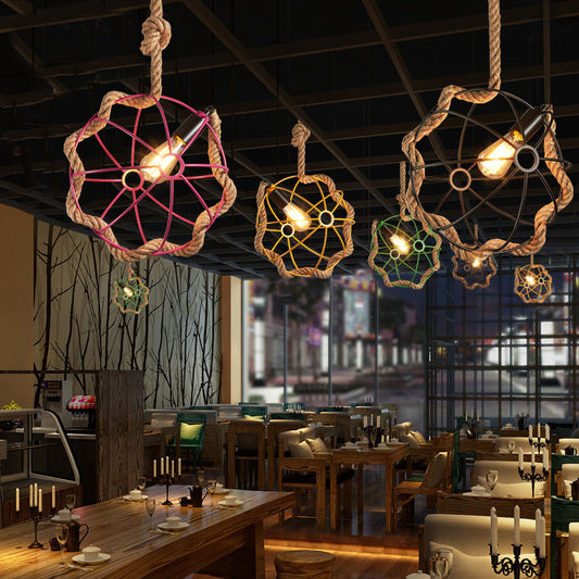 1-Light Metal Pendant Lamp Industrial Black/Pink/Green Globe Cage Restaurant Down Lighting with Rope Cord Black Clearhalo 'Ceiling Lights' 'Industrial Pendants' 'Industrial' 'Middle Century Pendants' 'Pendant Lights' 'Pendants' 'Tiffany' Lighting' 1950681
