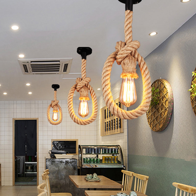 Exposed Bulb Rope Ceiling Pendant Loft 1 Light Restaurant Adjustable Hanging Light Fixture in Black with Ring Design Clearhalo 'Ceiling Lights' 'Industrial Pendants' 'Industrial' 'Middle Century Pendants' 'Pendant Lights' 'Pendants' 'Tiffany' Lighting' 1950696