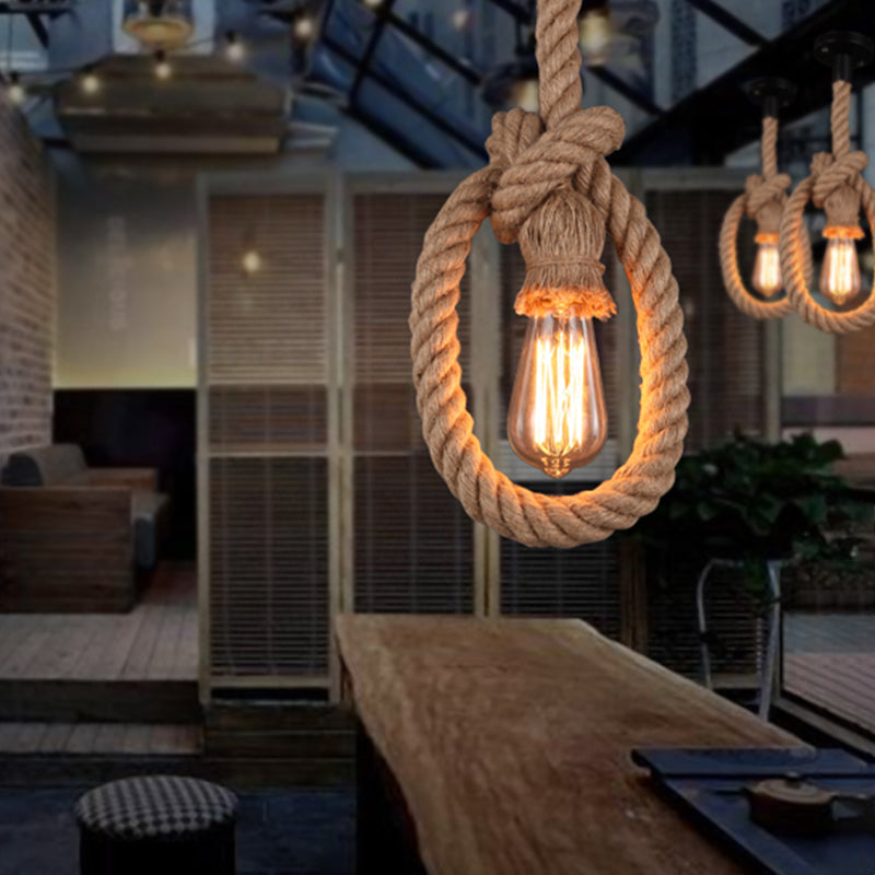 Exposed Bulb Rope Ceiling Pendant Loft 1 Light Restaurant Adjustable Hanging Light Fixture in Black with Ring Design Clearhalo 'Ceiling Lights' 'Industrial Pendants' 'Industrial' 'Middle Century Pendants' 'Pendant Lights' 'Pendants' 'Tiffany' Lighting' 1950697