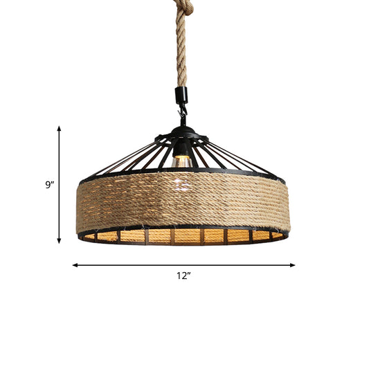 Black 1 Light Pendant Lighting Farmhouse Rope Cone Cage Iron Hanging Lamp Kit for Dining Room, 12"/16"/19.5" W Clearhalo 'Ceiling Lights' 'Industrial Pendants' 'Industrial' 'Middle Century Pendants' 'Pendant Lights' 'Pendants' 'Tiffany' Lighting' 1950704