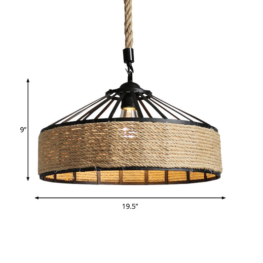 Black 1 Light Pendant Lighting Farmhouse Rope Cone Cage Iron Hanging Lamp Kit for Dining Room, 12"/16"/19.5" W Clearhalo 'Ceiling Lights' 'Industrial Pendants' 'Industrial' 'Middle Century Pendants' 'Pendant Lights' 'Pendants' 'Tiffany' Lighting' 1950706