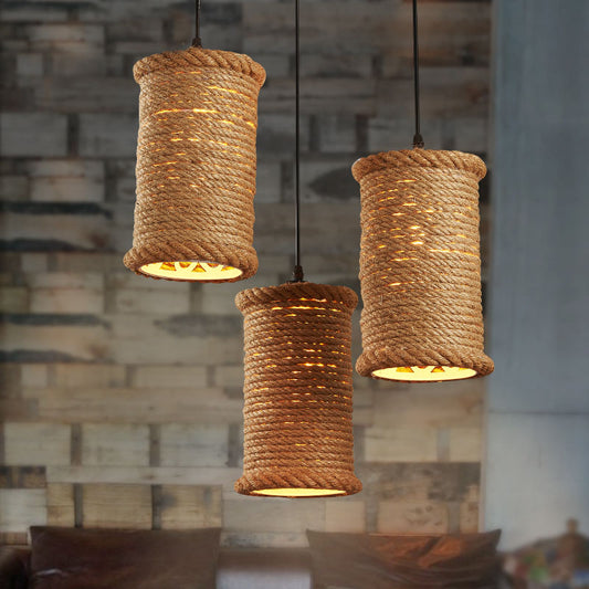 Brown Cylinder Ceiling Pendant Light Farm Style Rope 1 Head Dining Room Metal Hanging Lighting Clearhalo 'Ceiling Lights' 'Industrial Pendants' 'Industrial' 'Middle Century Pendants' 'Pendant Lights' 'Pendants' 'Tiffany' Lighting' 1950708