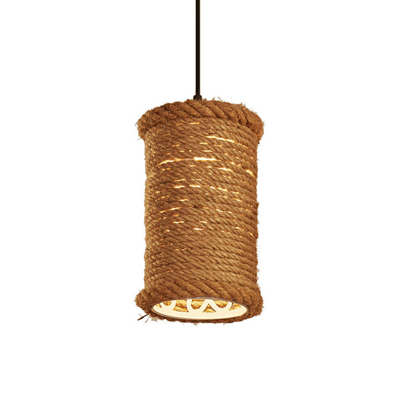 Brown Cylinder Ceiling Pendant Light Farm Style Rope 1 Head Dining Room Metal Hanging Lighting Clearhalo 'Ceiling Lights' 'Industrial Pendants' 'Industrial' 'Middle Century Pendants' 'Pendant Lights' 'Pendants' 'Tiffany' Lighting' 1950710