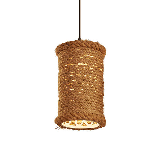 Brown Cylinder Ceiling Pendant Light Farm Style Rope 1 Head Dining Room Metal Hanging Lighting Clearhalo 'Ceiling Lights' 'Industrial Pendants' 'Industrial' 'Middle Century Pendants' 'Pendant Lights' 'Pendants' 'Tiffany' Lighting' 1950710
