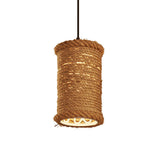Brown Cylinder Ceiling Pendant Light Farm Style Rope 1 Head Dining Room Metal Hanging Lighting Clearhalo 'Ceiling Lights' 'Industrial Pendants' 'Industrial' 'Middle Century Pendants' 'Pendant Lights' 'Pendants' 'Tiffany' Lighting' 1950710