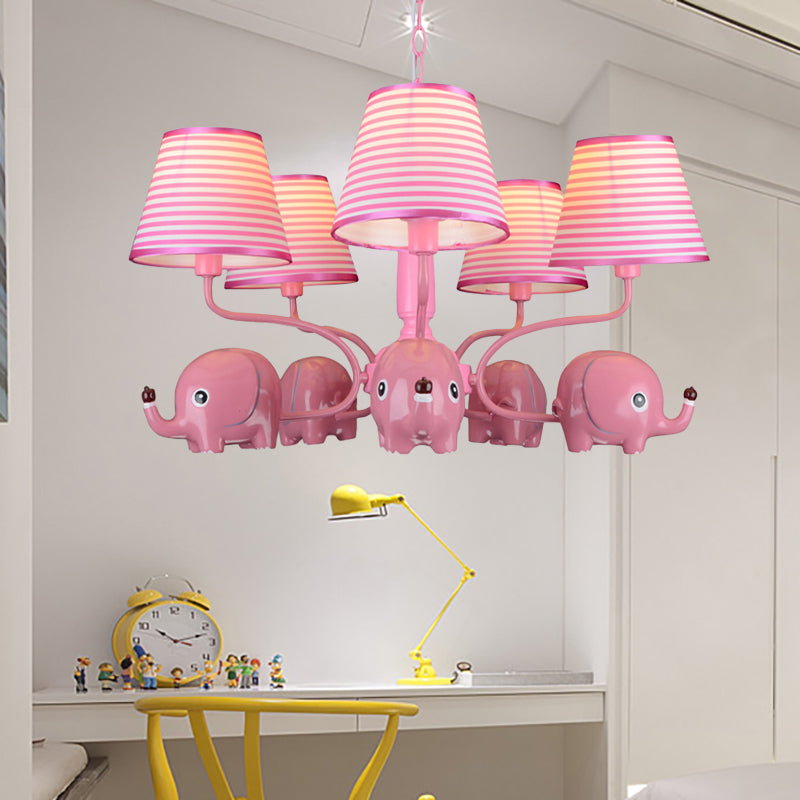 Baby Elephant Ceiling Pendant 5 Heads Animal Resin Chandelier with Stripe Shade for Kindergarten Clearhalo 'Ceiling Lights' 'Chandeliers' Lighting' options 195251