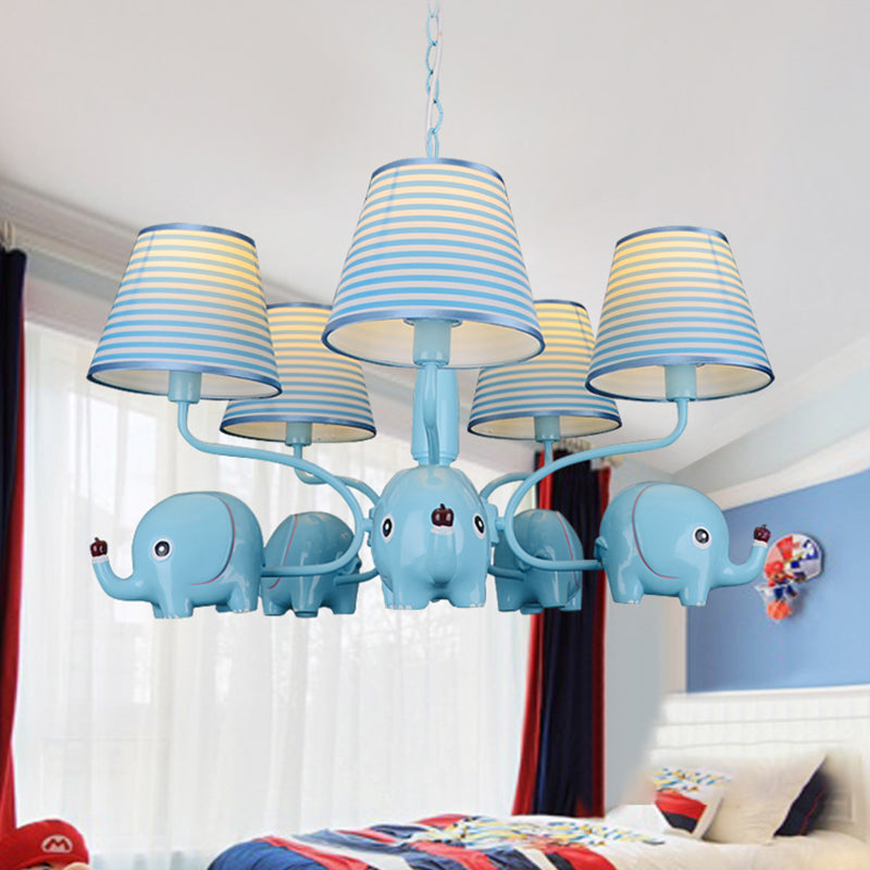 Baby Elephant Ceiling Pendant 5 Heads Animal Resin Chandelier with Stripe Shade for Kindergarten Clearhalo 'Ceiling Lights' 'Chandeliers' Lighting' options 195254