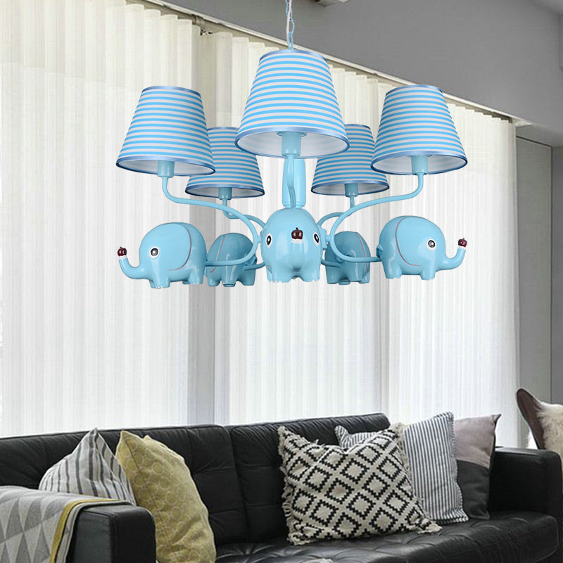 Baby Elephant Ceiling Pendant 5 Heads Animal Resin Chandelier with Stripe Shade for Kindergarten Clearhalo 'Ceiling Lights' 'Chandeliers' Lighting' options 195255