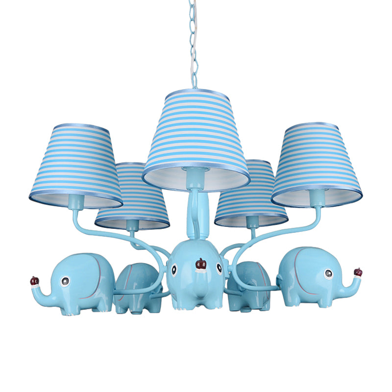 Baby Elephant Ceiling Pendant 5 Heads Animal Resin Chandelier with Stripe Shade for Kindergarten Clearhalo 'Ceiling Lights' 'Chandeliers' Lighting' options 195256