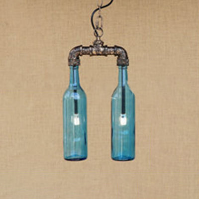 2-Light Chandelier Pendant Lighting Farmhouse Bottle Glass Shade Ceiling Fixture with Pipe Design in Amber/Blue Clearhalo 'Ceiling Lights' 'Chandeliers' 'Clear' 'Close To Ceiling Lights' 'Glass shade' 'Glass' 'Industrial Chandeliers' 'Industrial' 'Middle Century Chandeliers' 'Modern' 'Tiffany' 'Traditional Chandeliers' Lighting' 19545